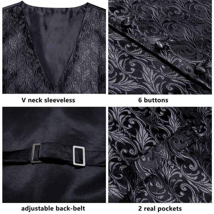 Silver Black Floral Jacquard Silk men vest fashion