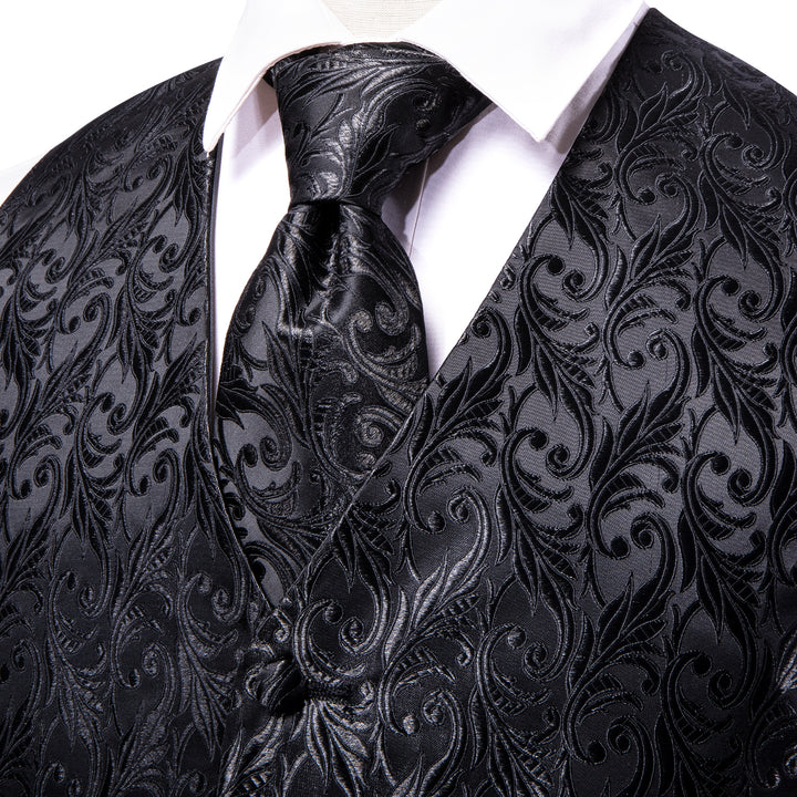 Silver Black Floral Jacquard Silk suit mens vest