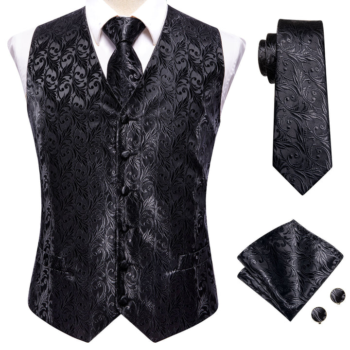 Silver Black Floral Jacquard Silk mens button up vest