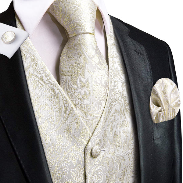 Champagne White Floral Jacquard Silk Men's Vest Hanky Cufflinks Tie Set
