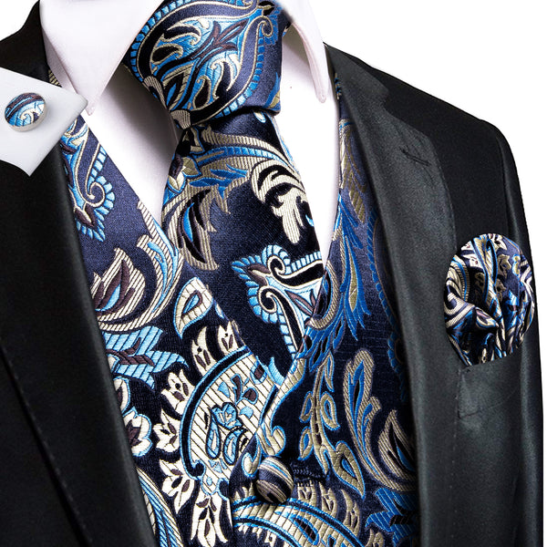 New Black Blue Paisley Men's Vest Tie Hanky Cufflinks Set Waistcoat Suit Set