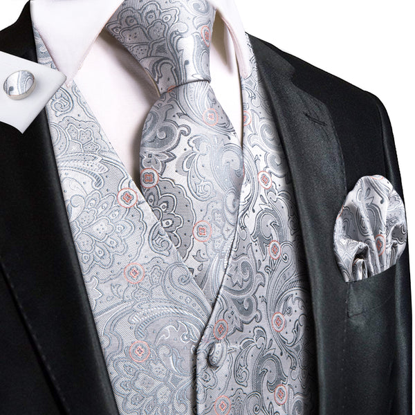 Silver Grey Paisley Floral Jacquard Silk Men's Vest Hanky Cufflinks Tie Set