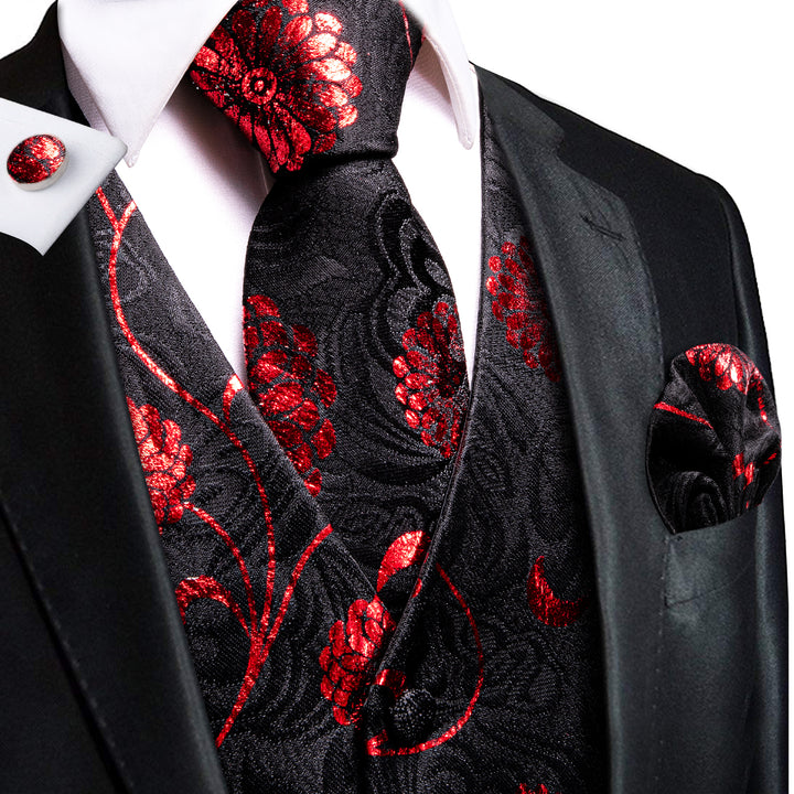 red dress vest Ties2you Red Floral Suit Vest Black Men's Dress Waistcoat Tie Hanky Cufflinks Set, XXXL