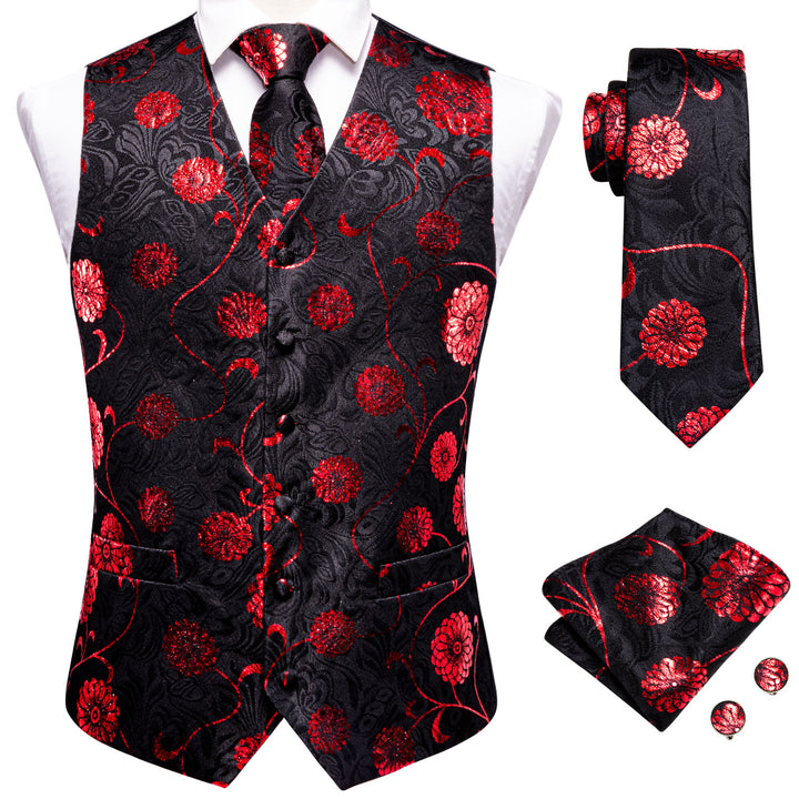 black red floral mens silk groomsmen vest for wedding
