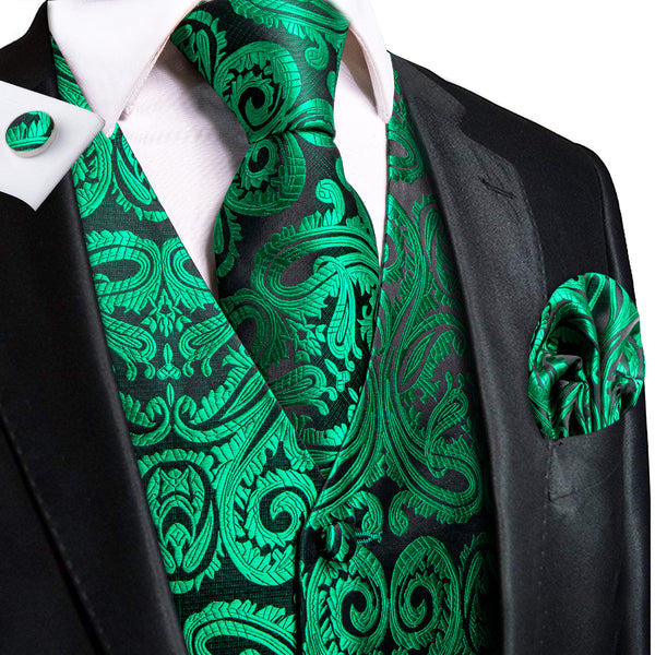 Dark Green Paisley Jacquard Silk Men's Vest Hanky Cufflinks Tie Set