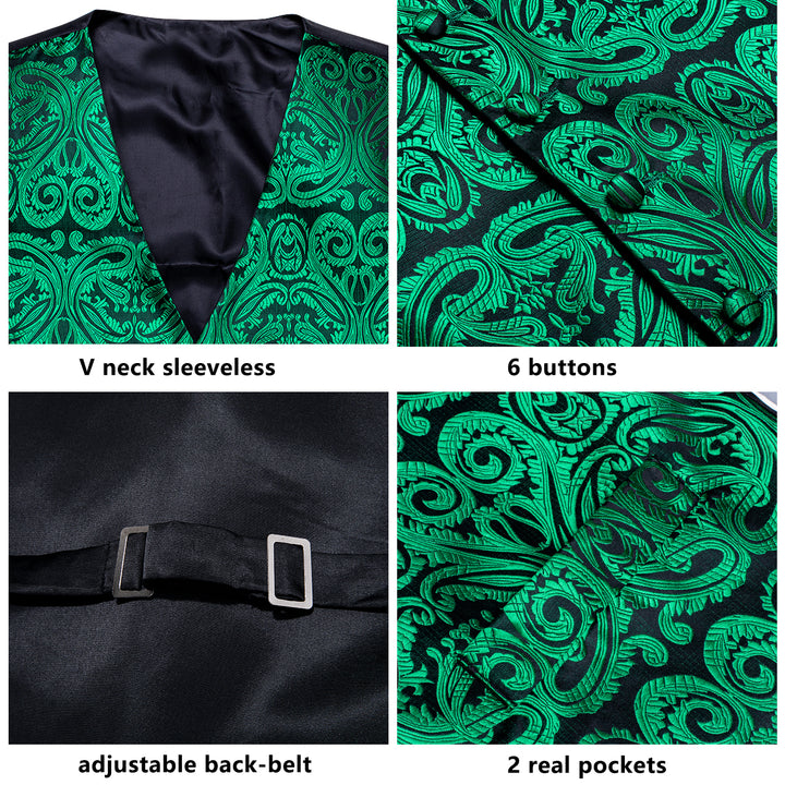 Dark Green Paisley Jacquard Silk Men's Vest Hanky Cufflinks Tie Set ...