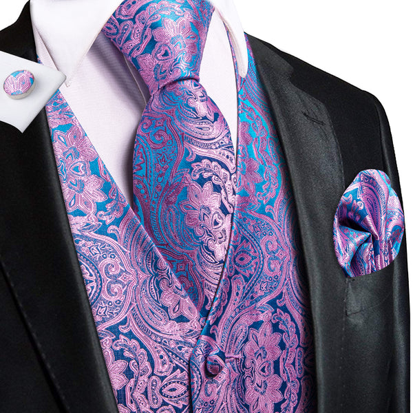 Blue Purple Paisley Jacquard Silk Men's Vest Hanky Cufflinks Tie Set