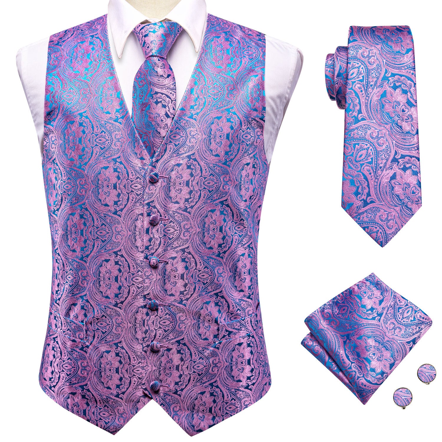 Blue Purple Paisley Jacquard Silk Men's Vest Hanky Cufflinks Tie Set ...