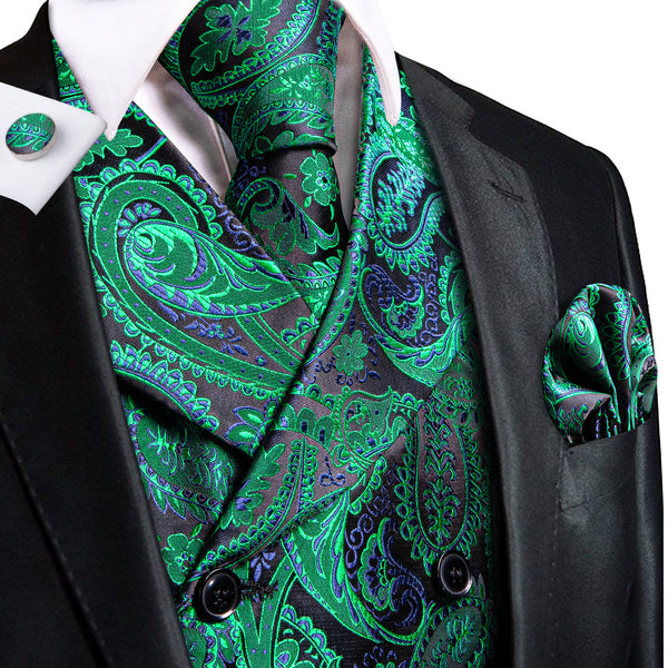 Green Blue Paisley Jacquard Silk Men's Vest Hanky Cufflinks Tie Set