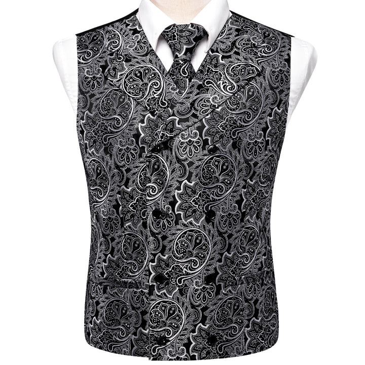 Black White Paisley Jacquard Silk suit vests for men