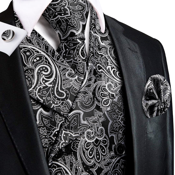 Black White Paisley Jacquard Silk Men's Vest Hanky Cufflinks Tie Set