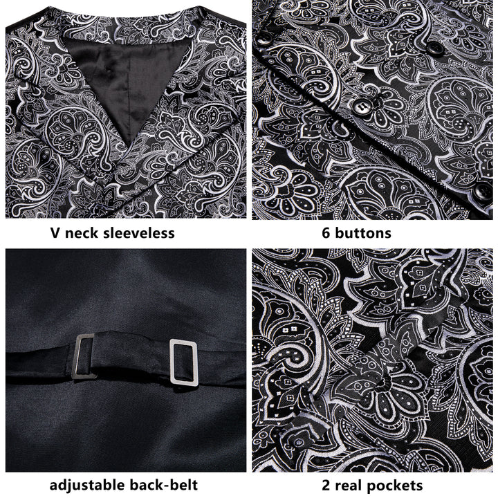 Black White Paisley Jacquard Silk mens vest suits