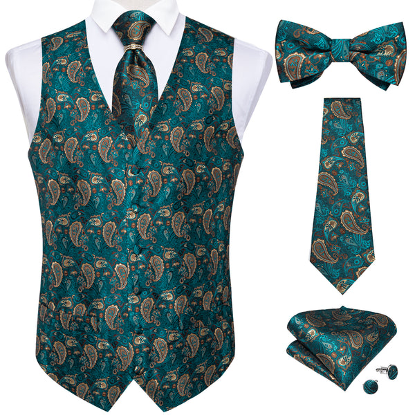 6PCS Shining Green Paisley Silk Men's Vest Necktie Bow Tie Handkerchief Cufflinks with Ring Set