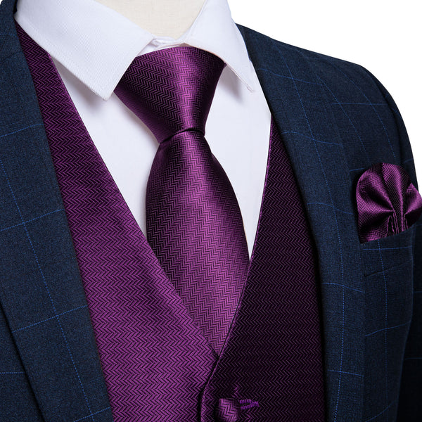 Shining Purple Solid Jacquard Silk Men's Vest Hanky Cufflinks Tie Set