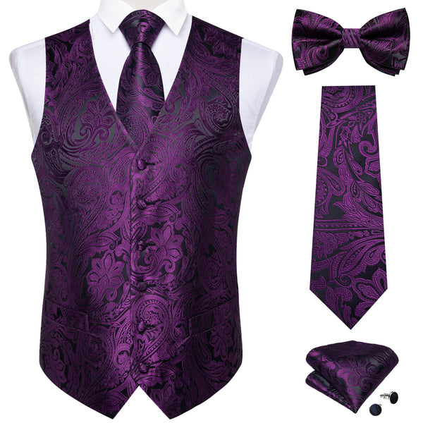 Dark Purple Paisley Jacquard Silk Men Vest Necktie Bow Tie Handkerchief Cufflinks Set
