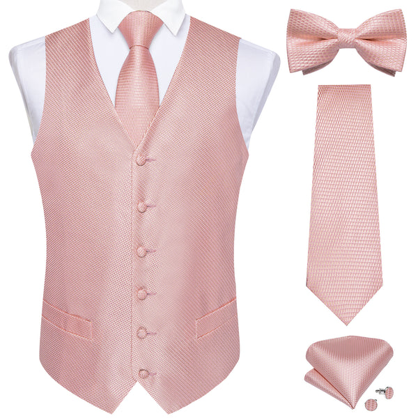 Baby Pink Polka Dot Jacquard Silk Men Vest Necktie Bow Tie Handkerchief Cufflinks Set