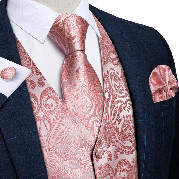 Pink Paisley Jacquard Silk Men's Vest Hanky Cufflinks Tie Set