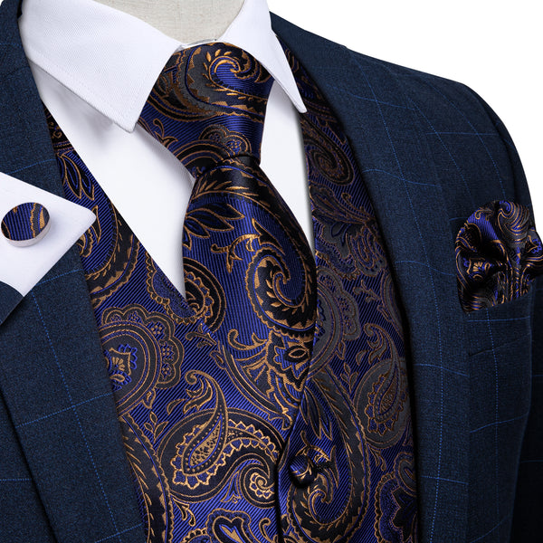 Blue Golden Paisley Jacquard Silk Men's Vest Hanky Cufflinks Tie Set