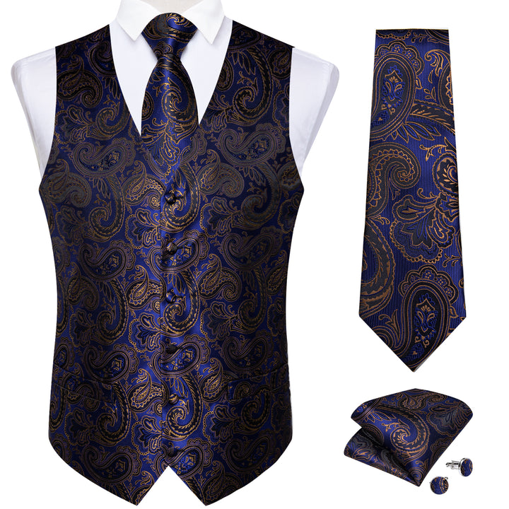 Blue Golden Paisley Jacquard Silk Men's Vest Hanky Cufflinks Tie Set ...