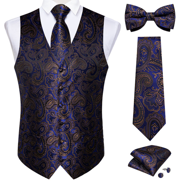 Blue Golden Paisley Jacquard Silk Men Vest Necktie Bow Tie Handkerchief Cufflinks Set