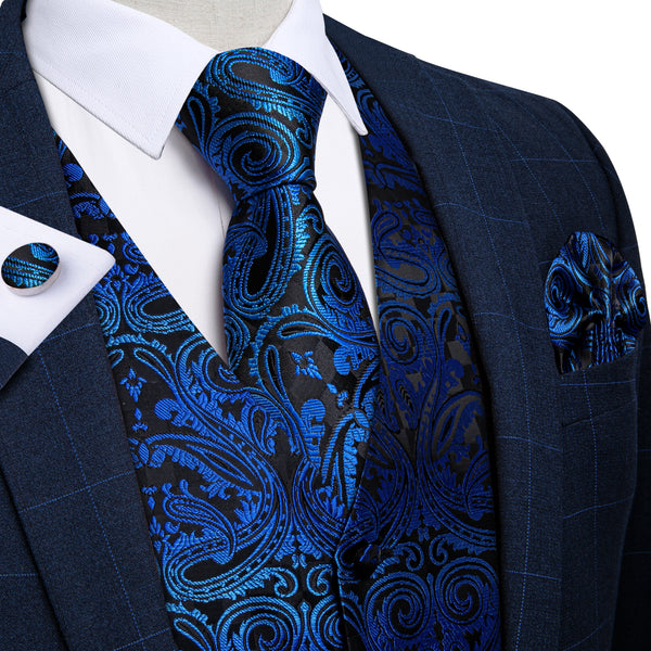 Black Blue Gradient Paisley Jacquard Silk Men's Vest Hanky Cufflinks Tie Set