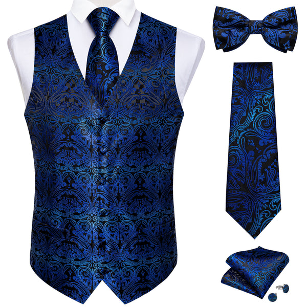 Black Blue Gradient Paisley Jacquard Silk Men Vest Necktie Bow Tie Handkerchief Cufflinks Set