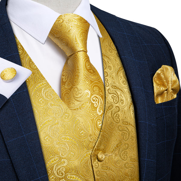 Golden Yellow Paisley Jacquard Silk Men's Vest Hanky Cufflinks Tie Set