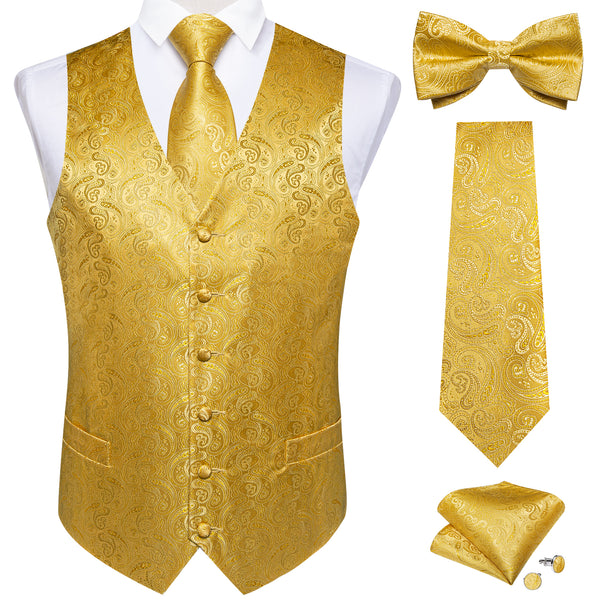 Golden Yellow Paisley Jacquard Silk Men Vest Necktie Bow Tie Handkerchief Cufflinks Set