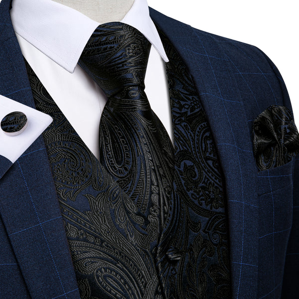 Black Paisley Jacquard Silk Men's Vest Hanky Cufflinks Tie Set