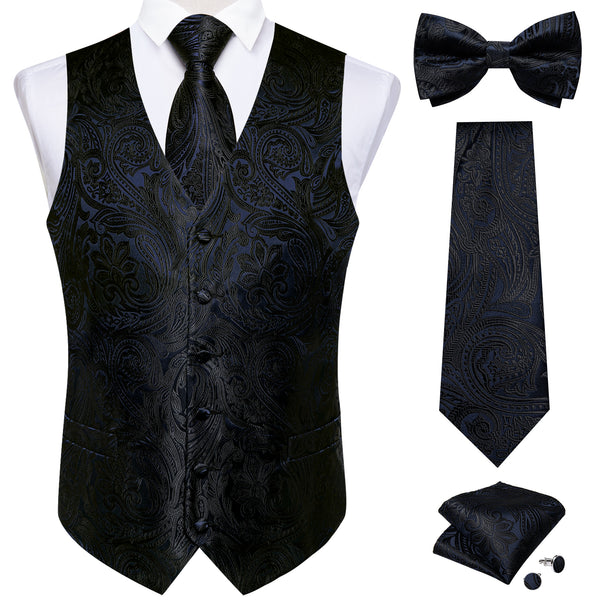 Black Paisley Jacquard Silk Men Vest Necktie Bow Tie Handkerchief Cufflinks Set
