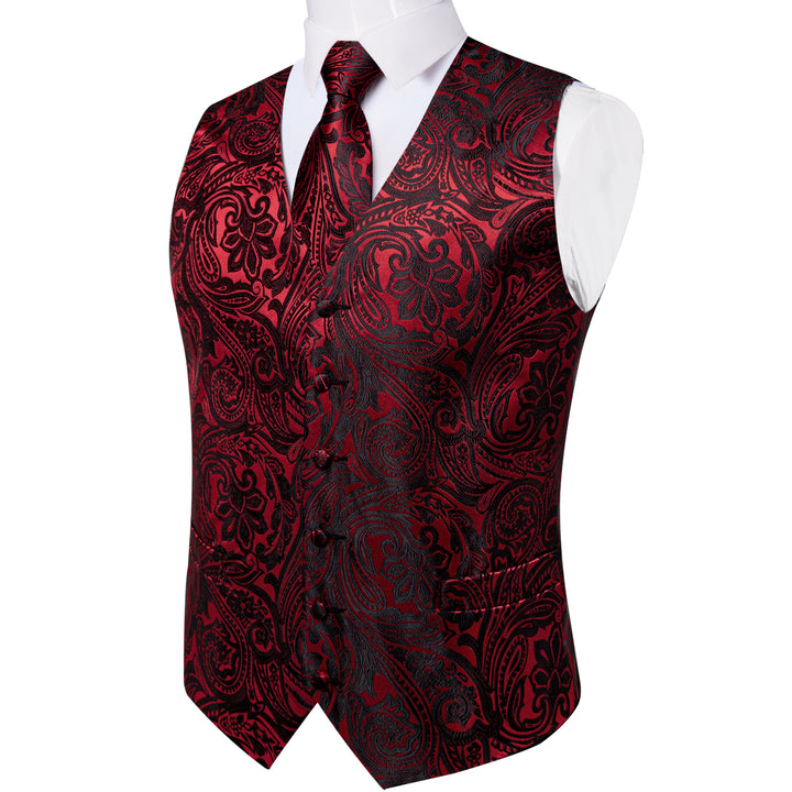 Red Black Paisley Jacquard Silk Men's Vest Hanky Cufflinks Tie Set ...