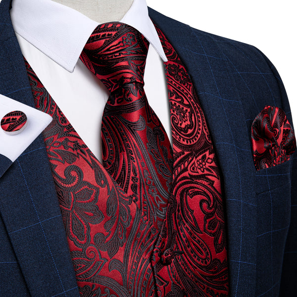 fashion wedding design floral black red vest top tie pocket square cufflinks set