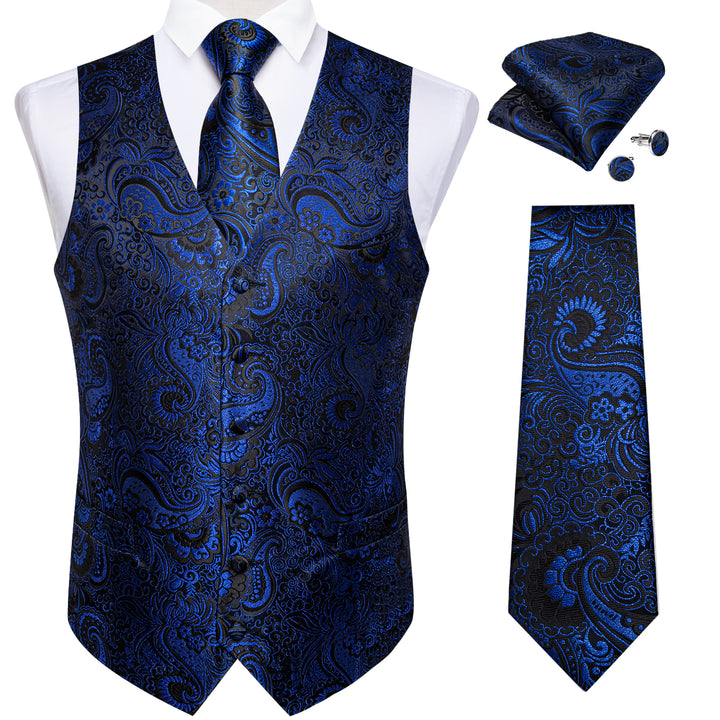 Dark Blue Paisley Jacquard Silk Men's Vest Hanky Cufflinks Tie Set ...