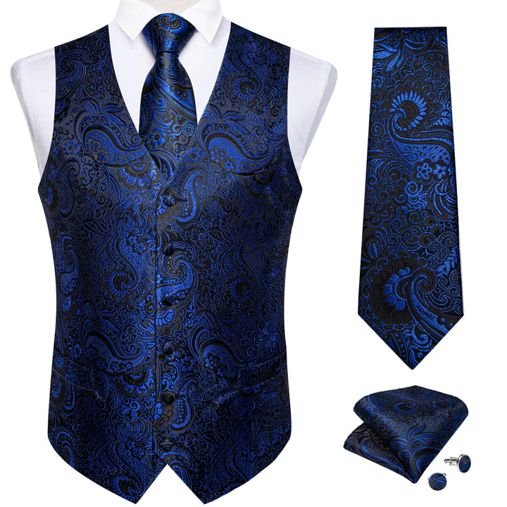 Dark Blue Paisley Jacquard Silk Men's Vest Hanky Cufflinks Tie Set ...