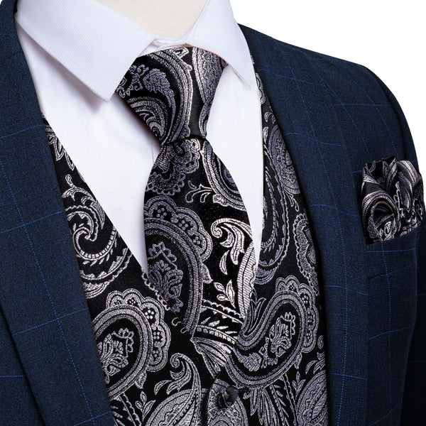 Black Grey Paisley Jacquard Silk Men's Vest Hanky Cufflinks Tie Set