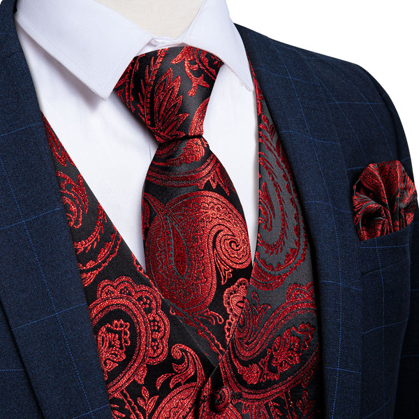 Black Red Paisley Jacquard Silk Men's Vest Hanky Cufflinks Tie Set