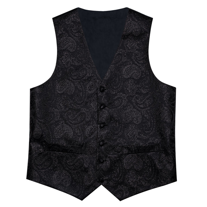 Classic Black Paisley Jacquard Silk Men's Vest Hanky Cufflinks Tie Set ...