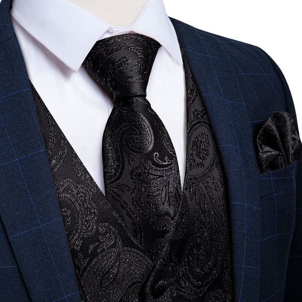 Classic Black Paisley Jacquard Silk Men's Vest Hanky Cufflinks Tie Set
