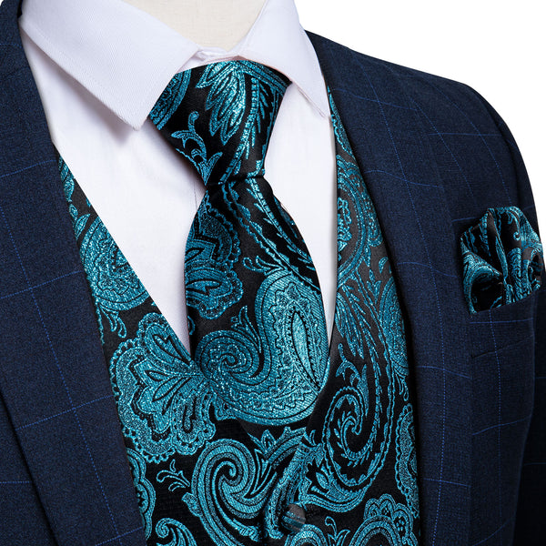 Black Lake Blue Paisley Jacquard Silk Men's Vest Hanky Cufflinks Tie Set