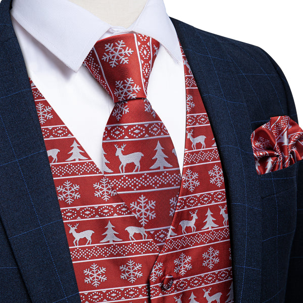 Christmas Red White Elk Novelty Jacquard Silk Men's Vest Hanky Cufflinks Tie Set