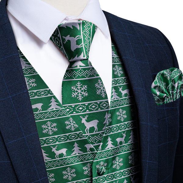 Christmas Green White Elk Novelty Jacquard Silk Men's Vest Hanky Cufflinks Tie Set