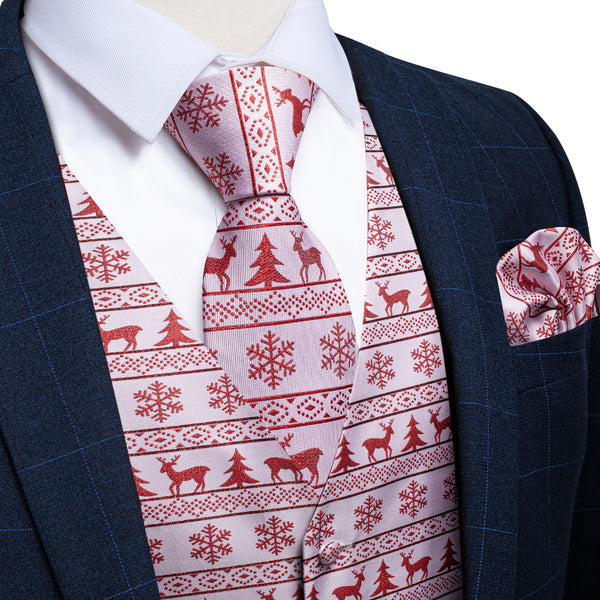 Christmas White Red Elk Novelty Jacquard Silk Men's Vest Hanky Cufflinks Tie Set