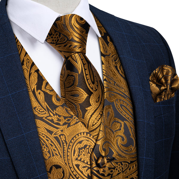 Golden Brown Paisley Silk Men's Vest Hanky Cufflinks Tie Set
