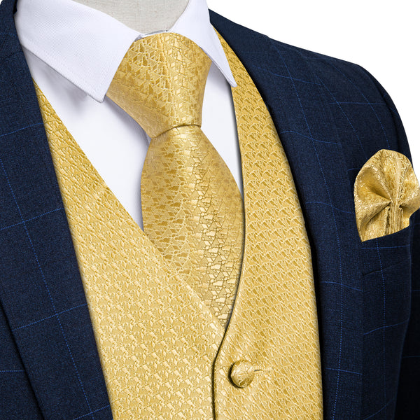Yellow Irregular pattern Novelty Silk Men's Vest Hanky Cufflinks Tie Set