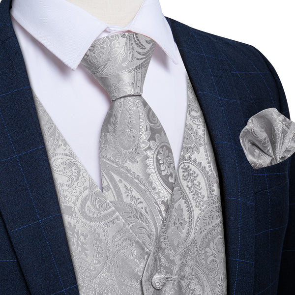 Grey Paisley Silk Men's Vest Hanky Cufflinks Tie Set