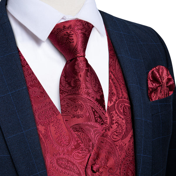 Classic Red Paisley Men's V-Neck Vest Tie Hanky Cufflinks Set Waistcoat Suit Set