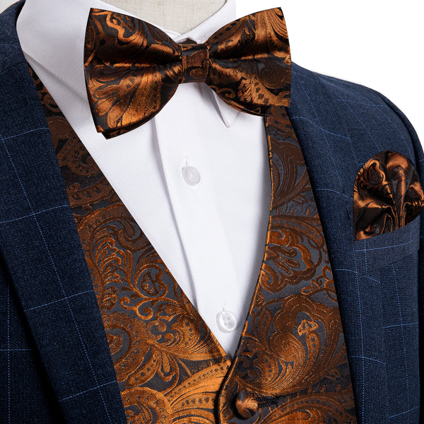 Brown Golden Paisley Jacquard Silk Men Vest Bow Tie Handkerchief Cufflinks Set