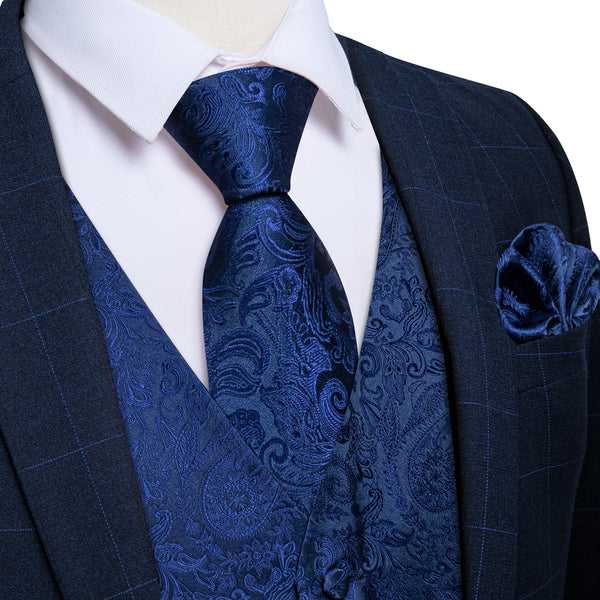 Navy Blue Paisley Silk Men's Vest Hanky Cufflinks Tie Set