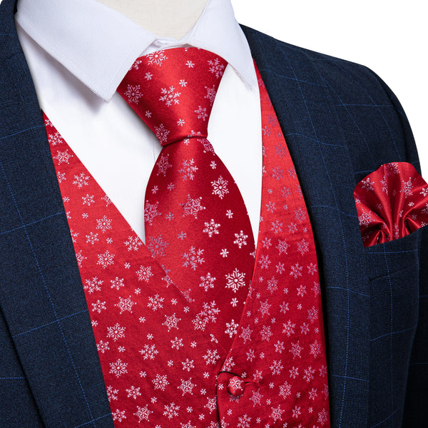 Christmas Red Snowflake Novelty Jacquard Silk Men's Vest Hanky Cufflinks Tie Set