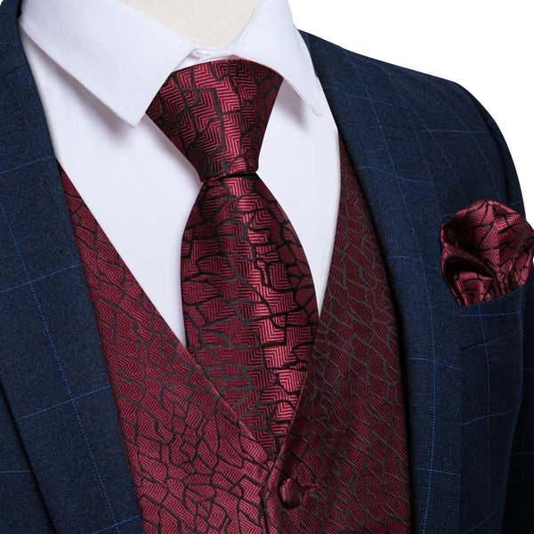 Deep Red Irregular Plaid Silk Men's Vest Hanky Cufflinks Tie Set